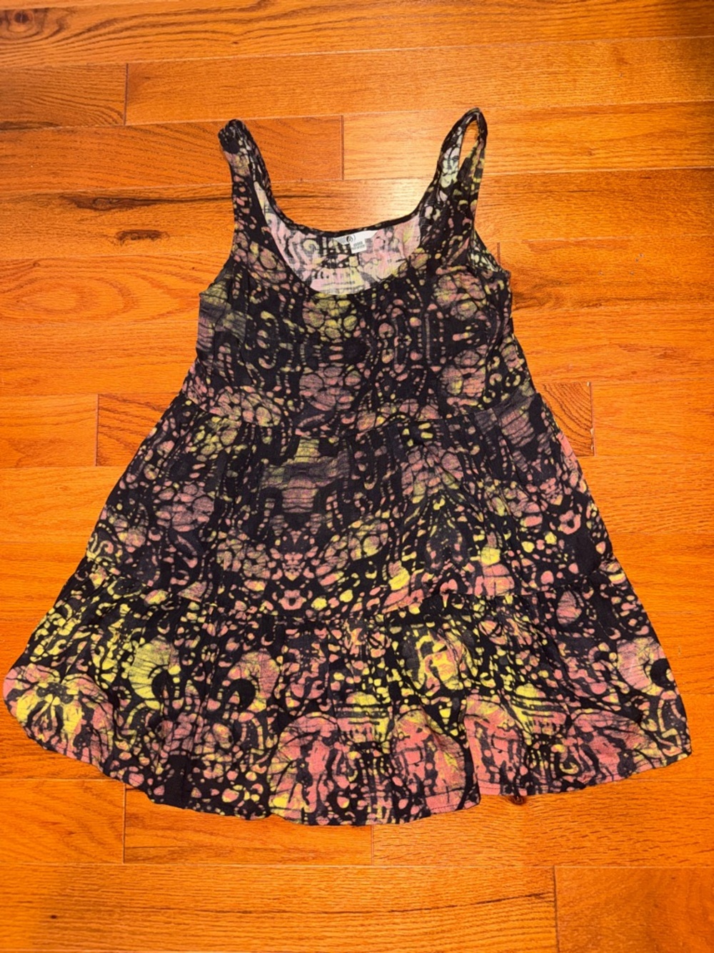 Volcom Black Tie-Dye Mini Dress with Pink & Yellow Accents XS